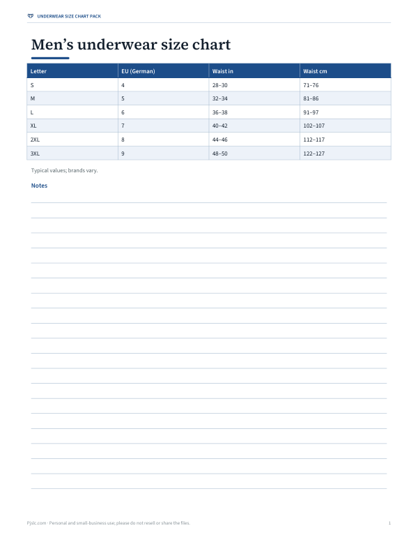 Preview of Printable Men's Underwear Size Chart
